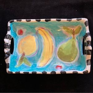 Handmade Ceramic Serving Tray w/ Handles Fruit On Blue Design 9”x6”x2”